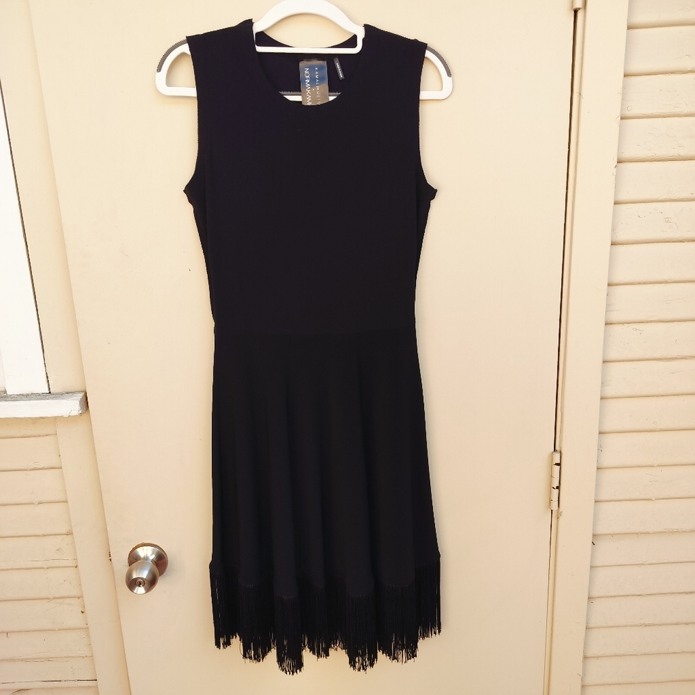 Kamali Kulture x Norma Kamali Black Fringe Hem Knee Length Sleeveless Dress